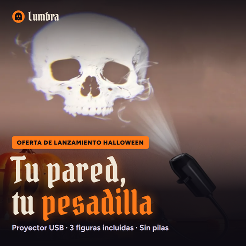 Proyector Lumbra proyectando una calavera gigante sobre la pared: Tu pared, tu pesadilla