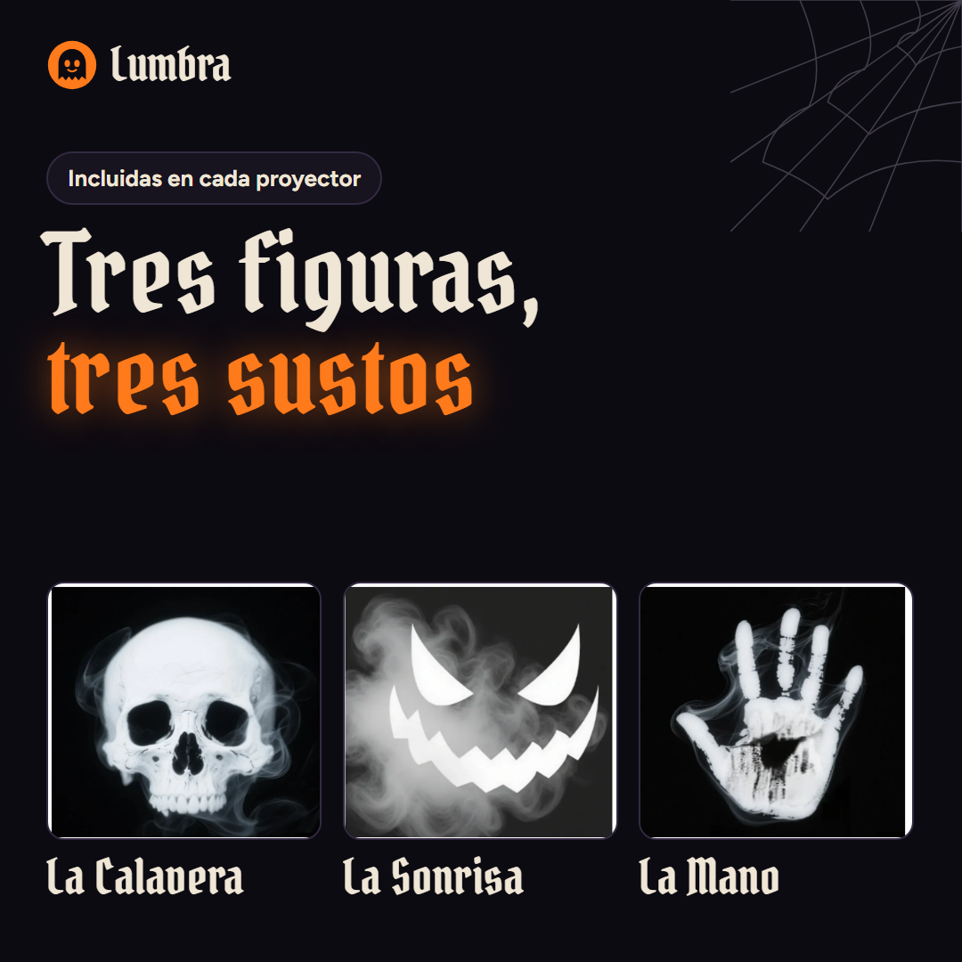 Las tres figuras incluidas: calavera, sonrisa de calabaza y mano