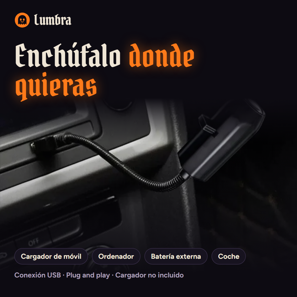 Proyector Lumbra conectado al USB del coche: funciona con cargador, ordenador, batería externa o coche
