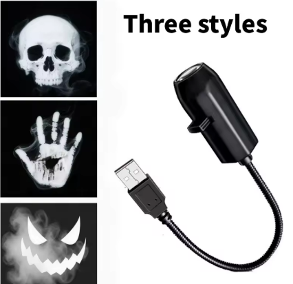 Proyector USB de Halloween Lumbra con cuello flexible y sus tres figuras: calavera, mano y calabaza